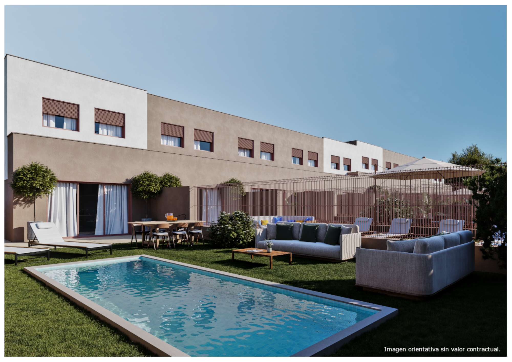 Foto del exterior de una casa, con piscina